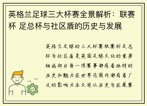 英格兰足球三大杯赛全景解析：联赛杯 足总杯与社区盾的历史与发展