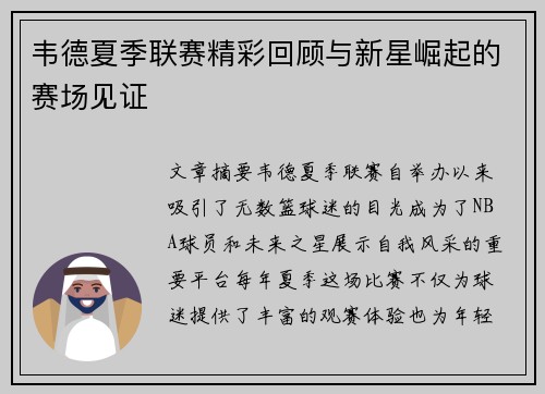 韦德夏季联赛精彩回顾与新星崛起的赛场见证
