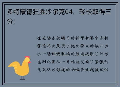 多特蒙德狂胜沙尔克04，轻松取得三分！