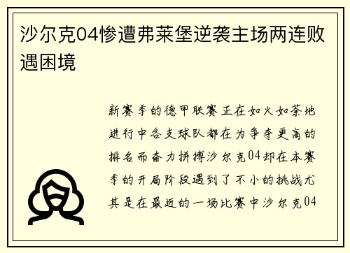 沙尔克04惨遭弗莱堡逆袭主场两连败遇困境