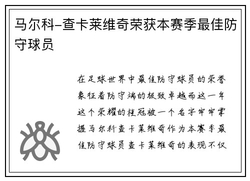 马尔科-查卡莱维奇荣获本赛季最佳防守球员