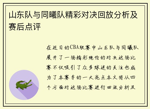 山东队与同曦队精彩对决回放分析及赛后点评